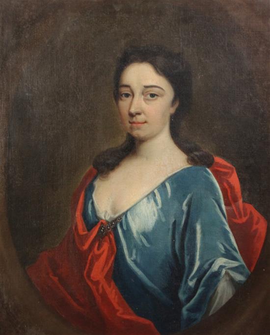 Manner of Charles Jervas (1675-1739) Portrait of a lady wearing a blue dress, 30.5 x 24.5in.